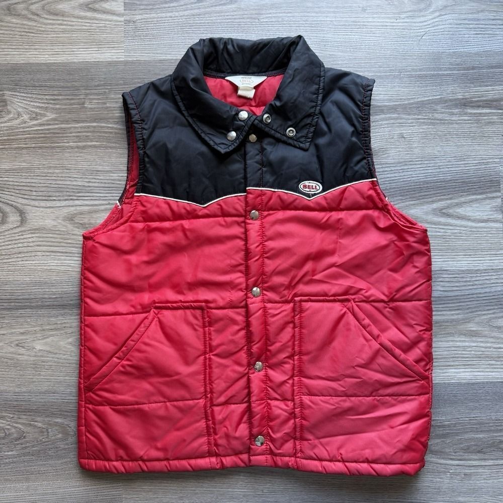 Vintage 70s Bell Helmet Motorcycle Puffy Vest Red Western Rare USA MEDIUM